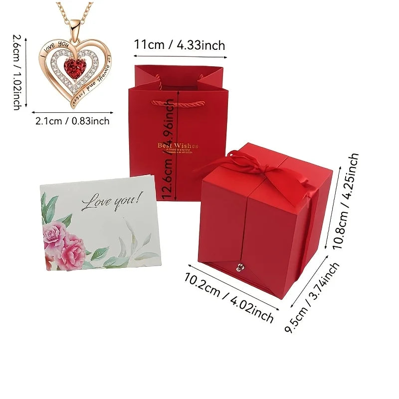 Caja de Joyería Doble Puerta con Rosa Eterna y Collar Corazón.