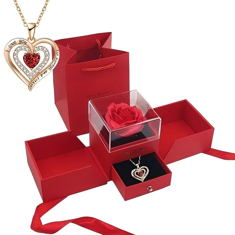 Caja de Joyería Doble Puerta con Rosa Eterna y Collar Corazón.
